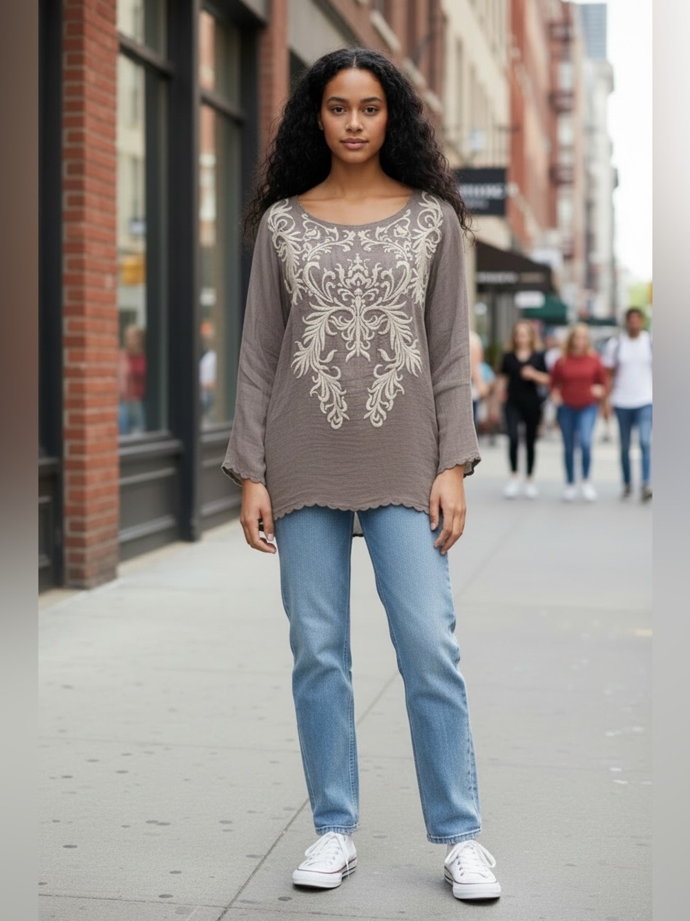 Johnny Was Jill Embroidered Intricate Baroque Damask Scalloped Neckline Bohemian